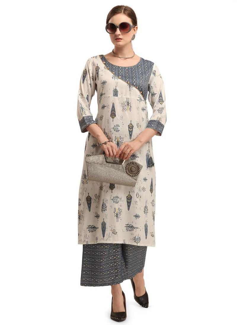 Gray Fancy Designer Ethnic Regular Wear Rayon Printed Kurti And Palzzo Stylish Latest Collection 155